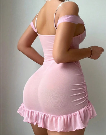 2 Pieces Contrast Lace Cold Shoulder Sleeveless Ruched Home Home Babydoll Sexy Pearls Strap Slim Fit Lingerie Set with Thong