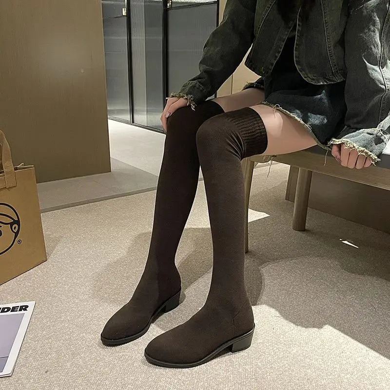 Spring Autumn Elastic Middle Heel Pointed Toe Women's Thigh High Boots Gyaru Cosplay Goth Ladies Sock Above Over The Knee Shoes