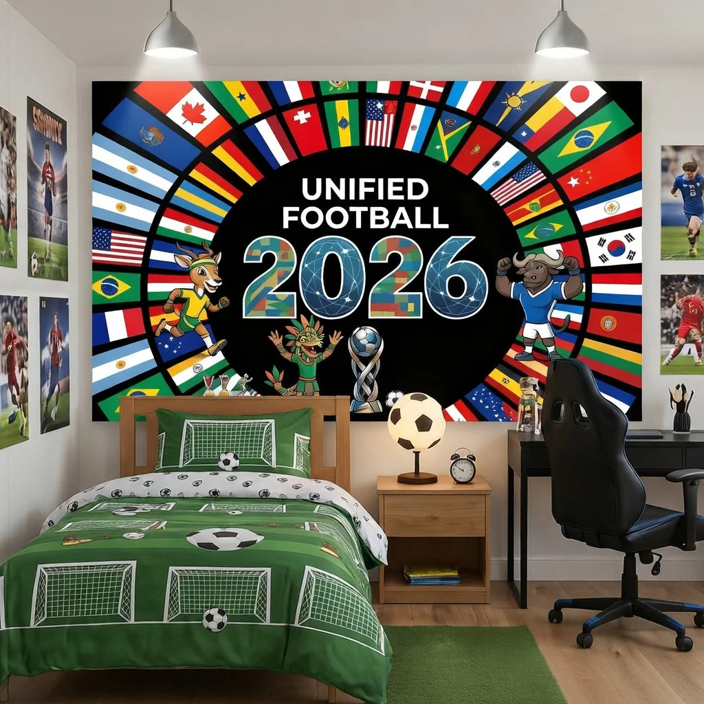 Soccer Cup 2026 Wall Tapestry, World Football Event Decor for Room, Sport Fan Party Backdrop, Graphic Print Hanging Blanket