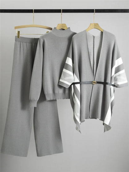 Korean Elegant Knitted 3 Piece Sets Women Sweater Pullover+chic Design Shawl Tops Conjuntos High Waist Wide Leg Pants Outfit New