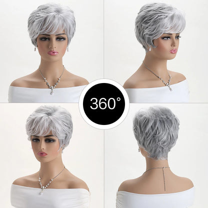 Short Natural Wigs with Bangs Soft Mommy Hair Daily Use Short  Grey Ombre Curly Synthetic Hair Costume Party Wig for Women