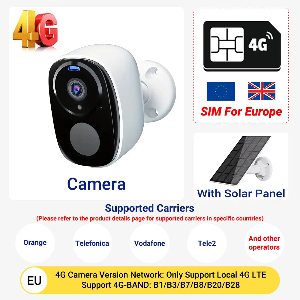 5MP 4G Solar Security Camera 2.4G WiFi Wireless Outdoor Color Night Vision Battery Powered Support PIR Waterproof Two-Way Audio