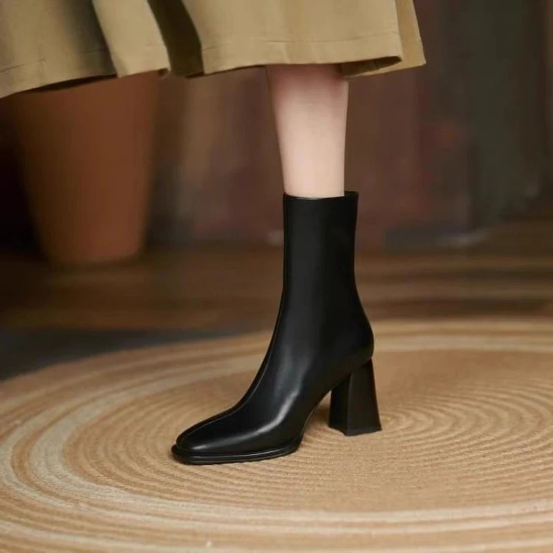 Leather Square Toe Heeled Booties Fleece-Lined Women's Ankle Boots Autumn Winter Female Short Shoes Trend 2025 on Offer Footwear