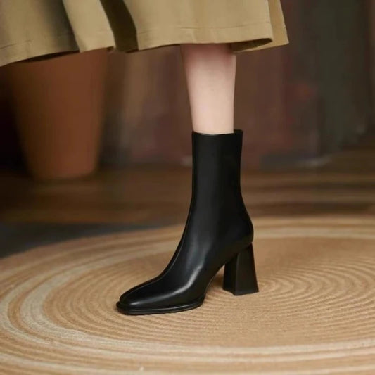Leather Square Toe Heeled Booties Fleece-Lined Women's Ankle Boots Autumn Winter Female Short Shoes Trend 2025 on Offer Footwear