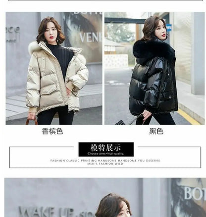 2025 Winter Fashion New Warm Duck Down Jacket Women's Clothes Glossy Fur collar Thicken Parka Short Down Coat Female Trend