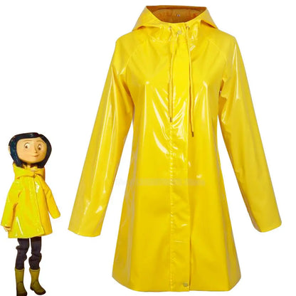Horror Fairytale Movies Coraline Cosplay Costume Wig Size Halloween Party Scary Yellow Coat Secret Door Adult Kid Roleplay Suit