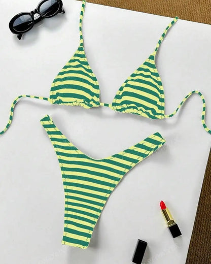 Y2K Sexy Hot Girls Striped Printed Triangle Lingerie Underwear 2025 New Beach Vacation Fashion Personality ins Style Bikini Suit