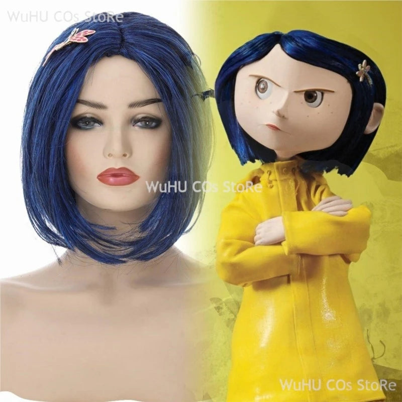 Horror Fairytale Movies Coraline Cosplay Costume Wig Size Halloween Party Scary Yellow Coat Secret Door Adult Kid Roleplay Suit