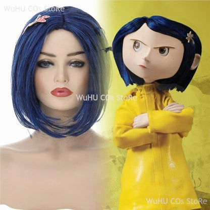 Horror Fairytale Movies Coraline Cosplay Costume Wig Size Halloween Party Scary Yellow Coat Secret Door Adult Kid Roleplay Suit