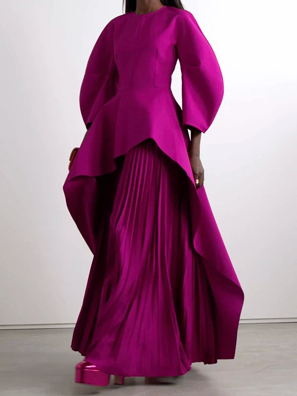 Yeezzi Elegant Solid Color Split-Joint Tiered Pleated Cocktail Dress Long Sleeves O-Neck Party Banquet Maxi Dresses 2025 New