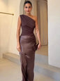 JULISSA MO Patchwork Satin Sexy One Shoulder Women Maxi Dress Brown Sleeveless Evening Dress Summer Slim Elegant Party Clubwear