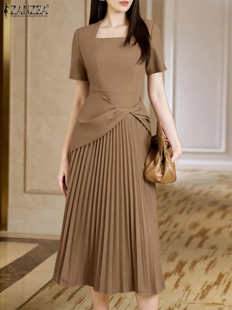 ZANZEA Elegant Office Work Dresses 2025 Women Summer Dress Square Neck Party Sundress Fashion Short Sleeve Pleated Vestidos Robe