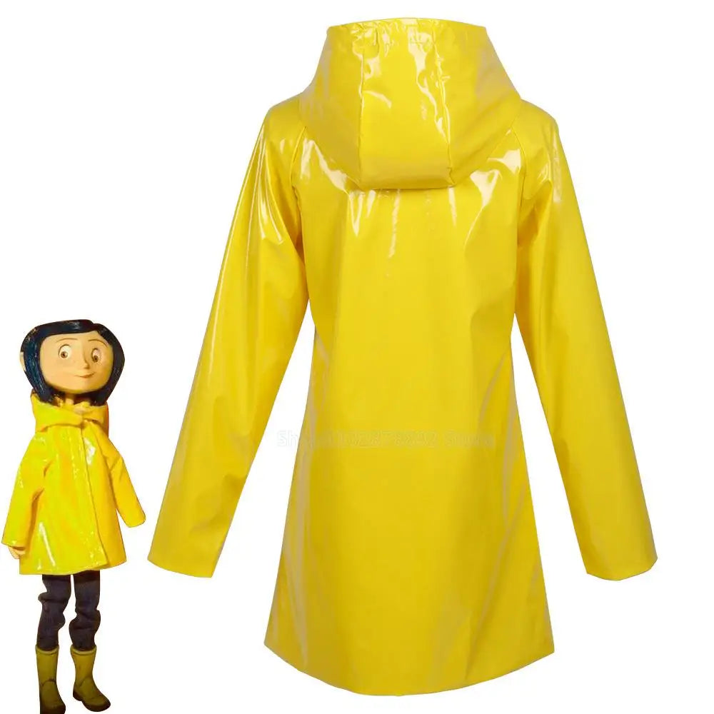 Horror Fairytale Movies Coraline Cosplay Costume Wig Size Halloween Party Scary Yellow Coat Secret Door Adult Kid Roleplay Suit