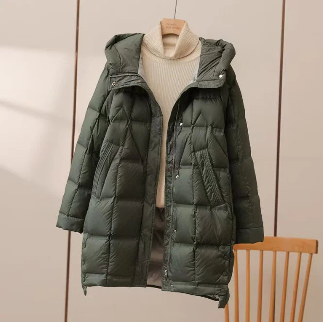 Winter Long 90% White Duck Down Jacket Women Hooded Zipper Puffer Coat Casual Warm Loose Puffer Feather Parka