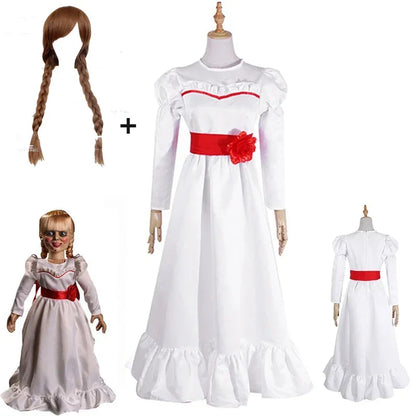 Movie Annabel Cosplay Costume For Women Kids Adult Halloween Costumes And Wig Horror Scary Fancy White Dress Outfits MN13