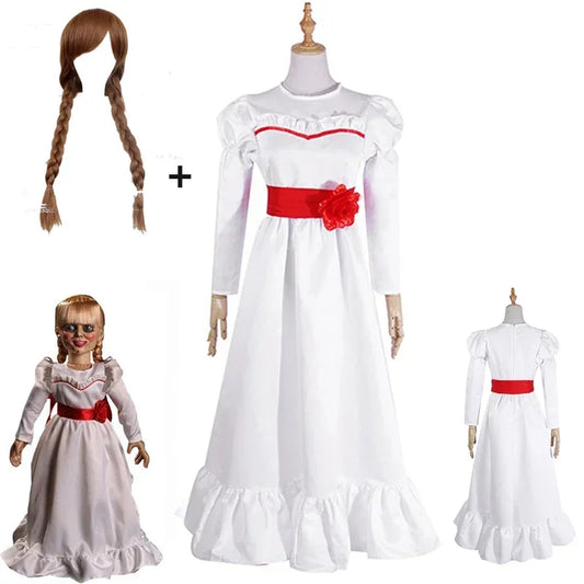 Movie Annabel Cosplay Costume For Women Kids Adult Halloween Costumes And Wig Horror Scary Fancy White Dress Outfits MN13