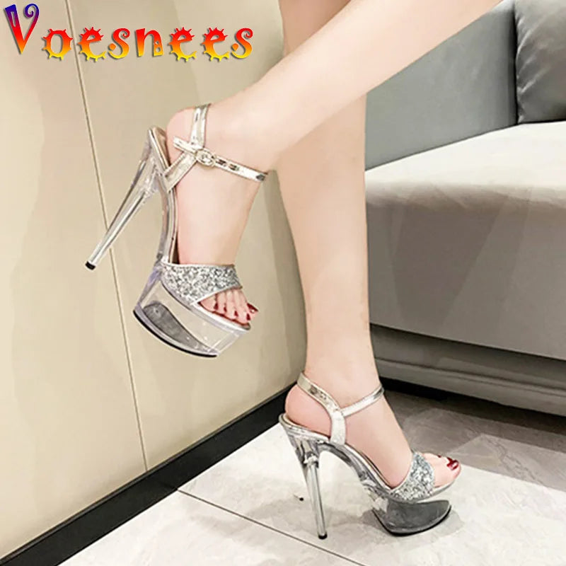Black Platform Sandals Women's Party Dress Elegant High Heels Summer New Stiletto Shiny Sequins Wedding Shoes Zapatillas Mujer