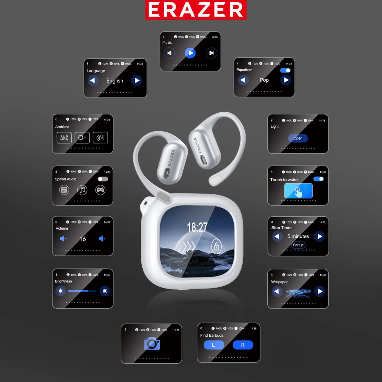  Bluetooth Earphones AI Translator ERAZER XF38, OWS LCD Touch Screen,Wireless,  HD Stereo