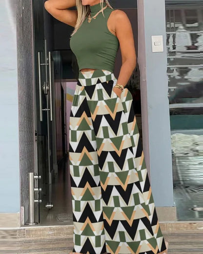 2025 Summer Fashion Printing Two Piece Set Women Casual Solid Sleeveless Tank Top Wide Leg Pants Two Piece Set Women
