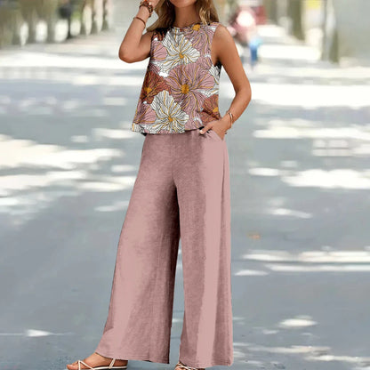 Bohemian Leaf Print Holiday Pants Set Round Neck Elegant Temperament Summer Sleeveless Top And Pants Hawaii Vacation Womenswear