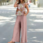 Bohemian Leaf Print Holiday Pants Set Round Neck Elegant Temperament Summer Sleeveless Top And Pants Hawaii Vacation Womenswear
