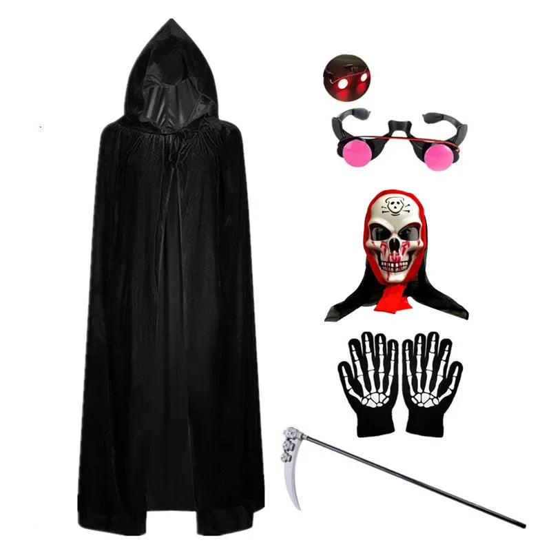 Kid Halloween Costume Set with Glowing Red Eyeglasses Skeleton Mask Death Cloak and Sickle Accessories for Scary Dress Up Partie