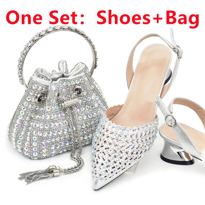 New Fashion Gold Color Shoes and Bags To Match Set Nigeria Party Women's Wedding Bag and Shoe Set Decorated with Rhinestone