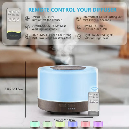 Diffuser For Home Smart Aromatherapy Diffuser 500ml   Wood Design Ultrasonic Humidifier w/ Remote  7 LED Colors  6 Essential Oil