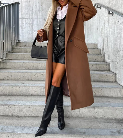 Women's Coat Autumn Winter, Long Sleeve, Notch Collar, Double-Breasted Solid, Casual Loose Long Woolen Jacket Coat