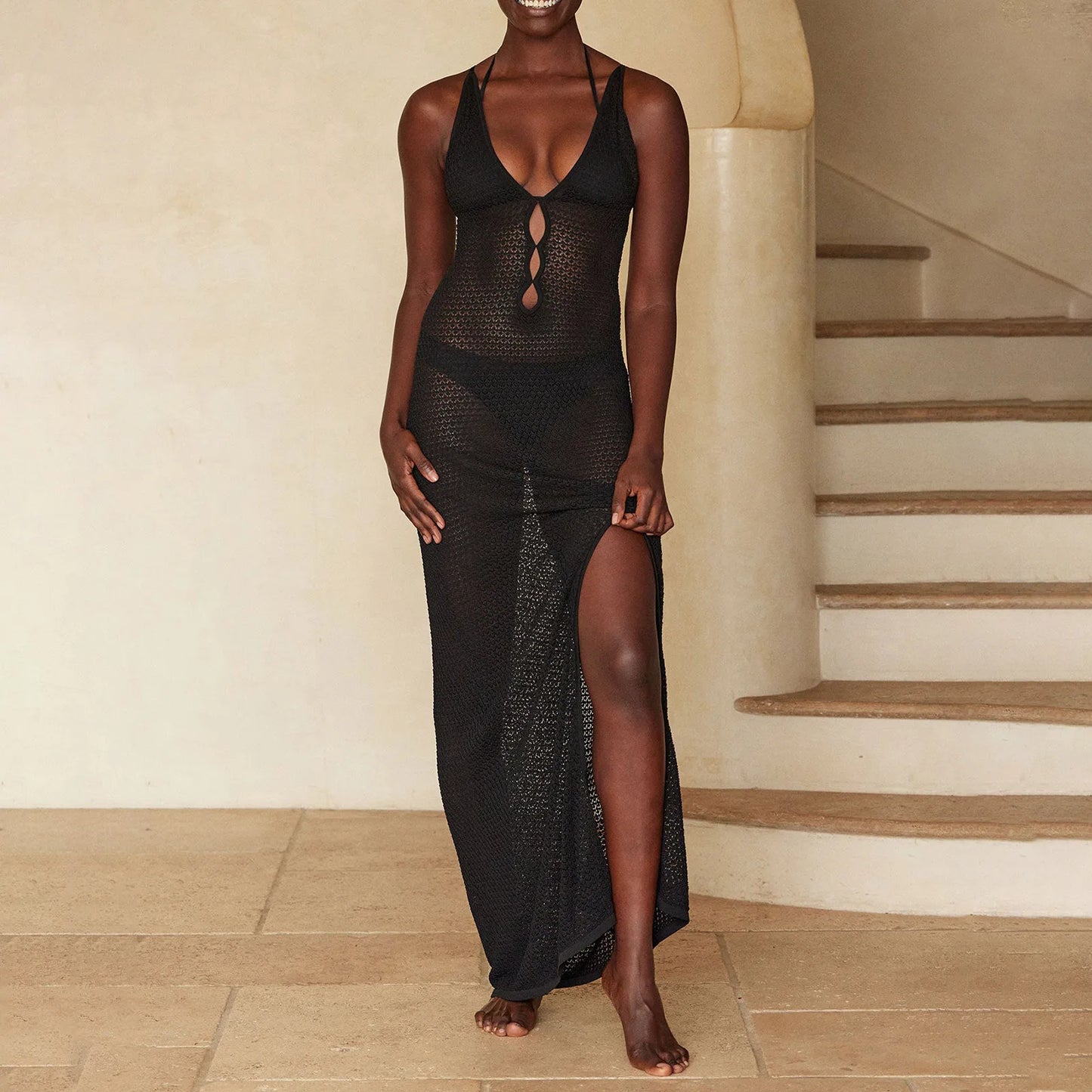 Yiiciovy Knitted Swimsuit Cover Ups Women Crochet Long Beach Dress Deep V-neck Backless Lace Cross Cut-out Swimwear Dress