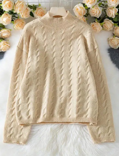 Women's Sweater Spring Autumn High Neck Casual Versatile Loose Solid Color Warm Long Sleeved Pullover Knitted Sweater