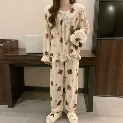 Ruffles Pajamas for Women Autumn Winter Peter Pan Collar Ruffle Sleeve Pajama Top and Elastice Waist Pants 2 Pcs Pajama Sets