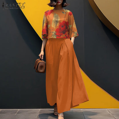 2025 ZANZEA Summer Pant Sets Fashion 2PCS Women Matching Sets O Neck 3/4 Sleeve Blouse Wide Leg Trousers Suit Casual Outfits