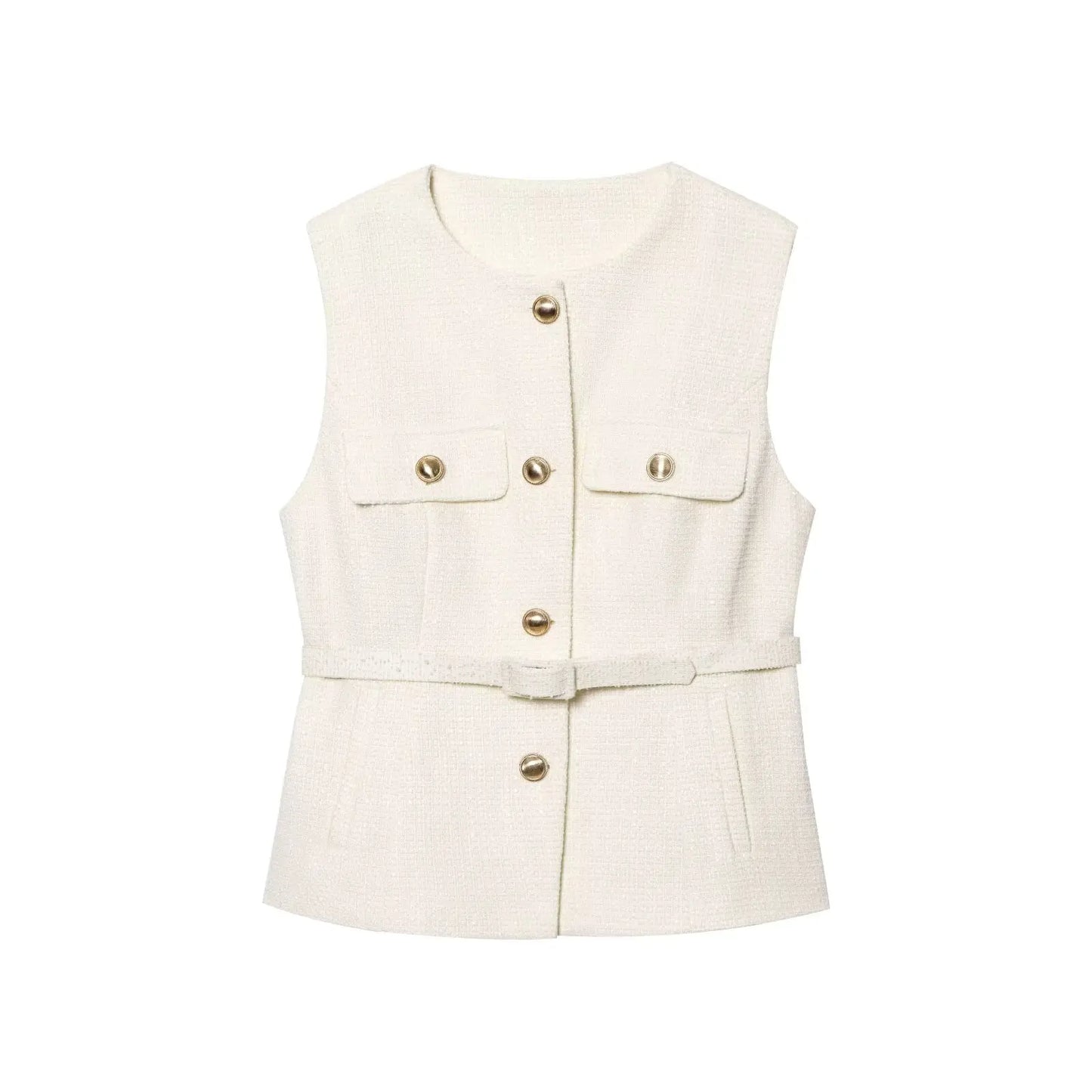RAFZNB Fashion with Belt Waistcoat for Women Spring O Neck Sleeveless Single Breasted Slim Vest Casual Female Outerwear Chic Top