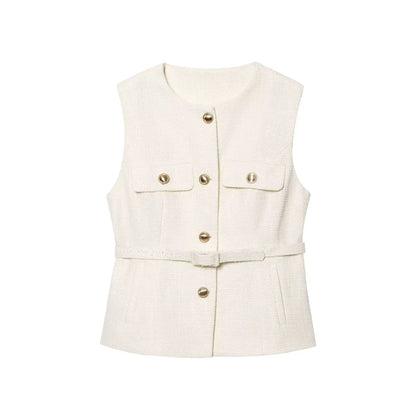 RAFZNB Fashion with Belt Waistcoat for Women Spring O Neck Sleeveless Single Breasted Slim Vest Casual Female Outerwear Chic Top