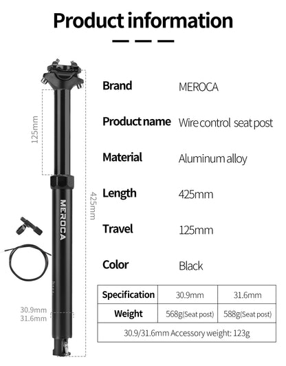 MEROCA Bike Dropper Seat Post 30.9/31.6x425mm Internal Routing Cable Remote Wire Control Lift Seat Tube Mtb Seatpost