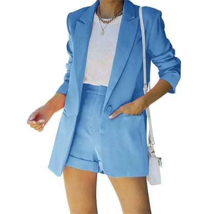 2025 Elegant Two Piece Blazer Suit Sets Women OL Office Sets Slim Cardigan Blazer Shorts Solid 2 Piece Set Casual Blazers Set