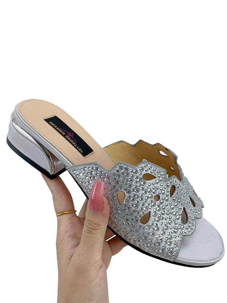 Italian Fashion Casual Flat Slippers Hollowed Out With Diamonds Women's Shoes African Party Outdoor Shoes