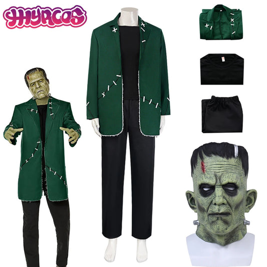 Halloween Frankenstein Cosplay Monster Costume Dr. Frank Mens Roleplay Outfit Mask Mad Scientist Green Suit Movie Party Scary
