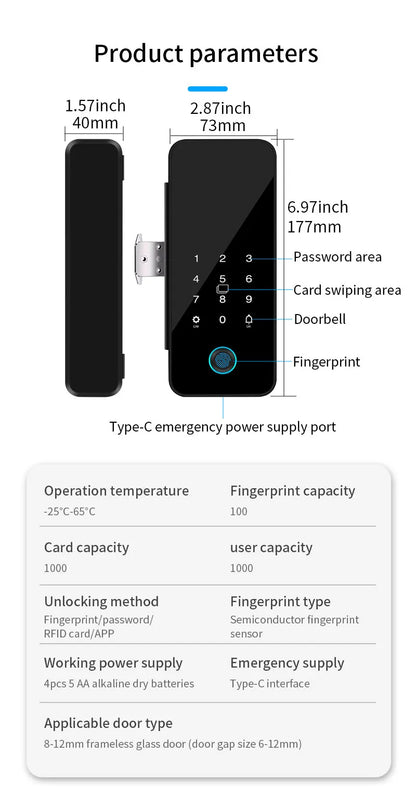 Tuya APP Glass Door Fingerprint Lock Bluetooth Smart Biometric Electronic Office Glass Door Lock 13.56Mhz RFID IC Keyless Unlock