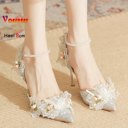 Women's Pumps Elegant Lady Evening Party Dress Prom Shoes 8CM Lace Flower Pearls Single Shoes Spring Summer Pointed High Heels