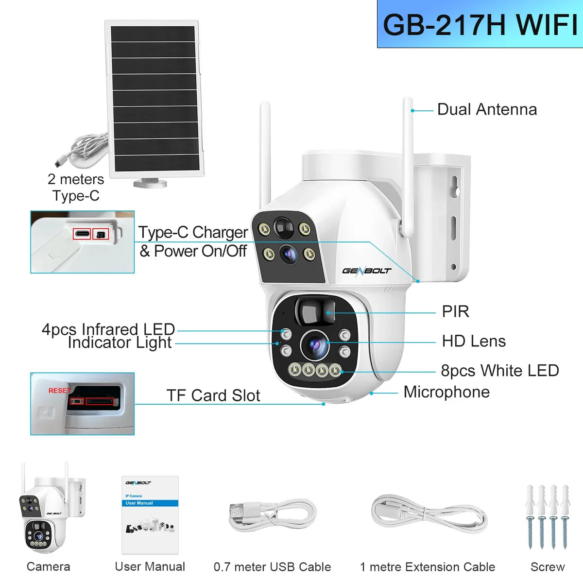 GENBOLT wireless camera outdoor solar security camera battery powered security camera 8W 15600mAh Dual Lens Color Night PIR CCTV