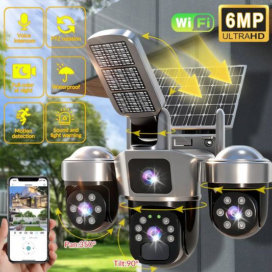 4K HD Solar WiFi Camera Outdoor Waterproof Built-in Battery Three Lens Security Camera Solar Panel Wireless Video Surveillance