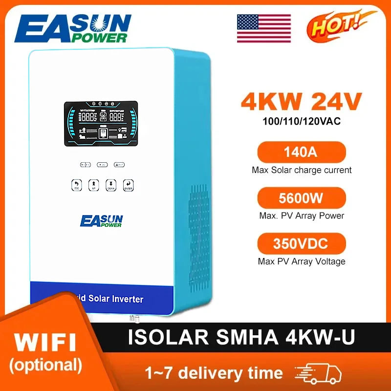 EASUN POWER 4000W Hybrid Inverter 110V Inversores 24V 140A MPPT Solar Charger Inverter Pure Sine Wave Inverter 6.25 Inch LCD