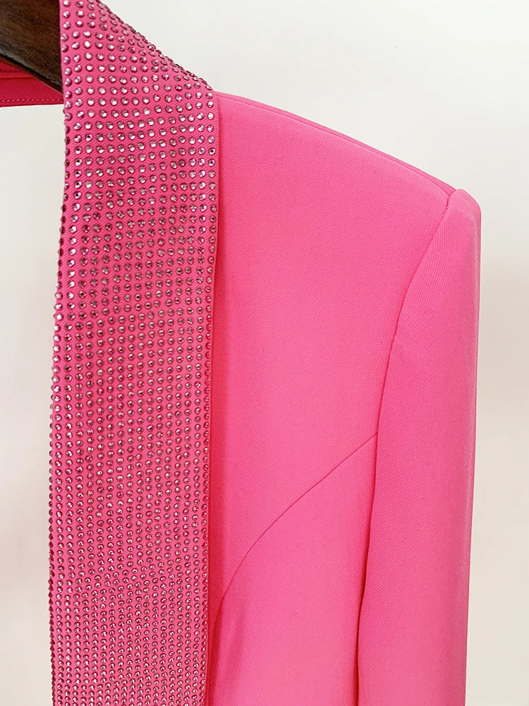 HIGH STREET Runway Fashion Designer Jacket Women's Stylish Backless Rhinestone Diamonds Beaded Shawl Collar Long Blazer