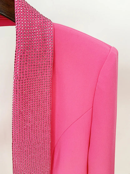 HIGH STREET Runway Fashion Designer Jacket Women's Stylish Backless Rhinestone Diamonds Beaded Shawl Collar Long Blazer