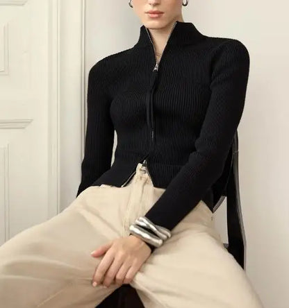 Women's Sweater Spring Autumn New Solid Color Stand Collar Slim Fit Long Sleeved Double Zipper Casual Knit Sweater Jacket