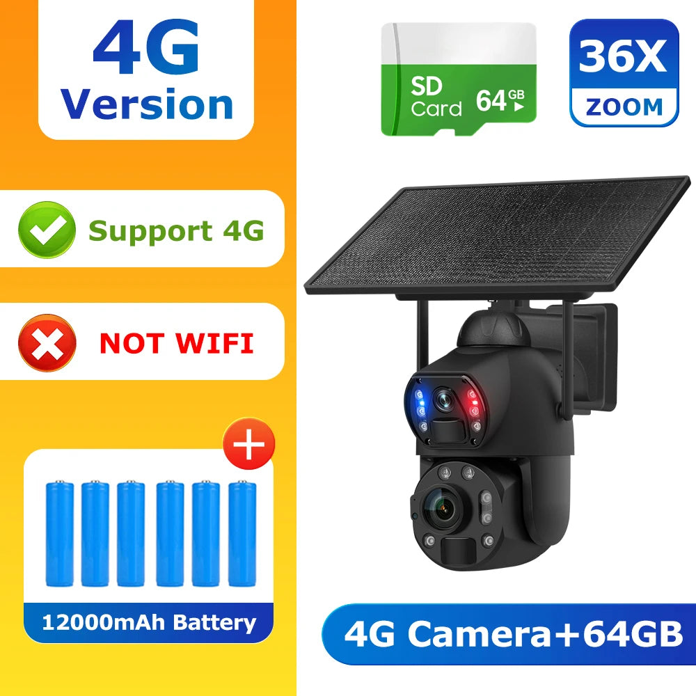 SHIWOJIA 4K 8MP 36X Zoom 4G Solar Camera Dual Lens Dual Screen Human Detect Auto Tracking Outdoor 10W Solar Panel WIFI CCTV