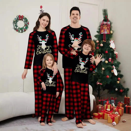 Christmas family suit, family pajamas set, round neck red and black check cute deer print long sleeve home suit