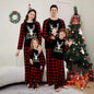 Christmas family suit, family pajamas set, round neck red and black check cute deer print long sleeve home suit